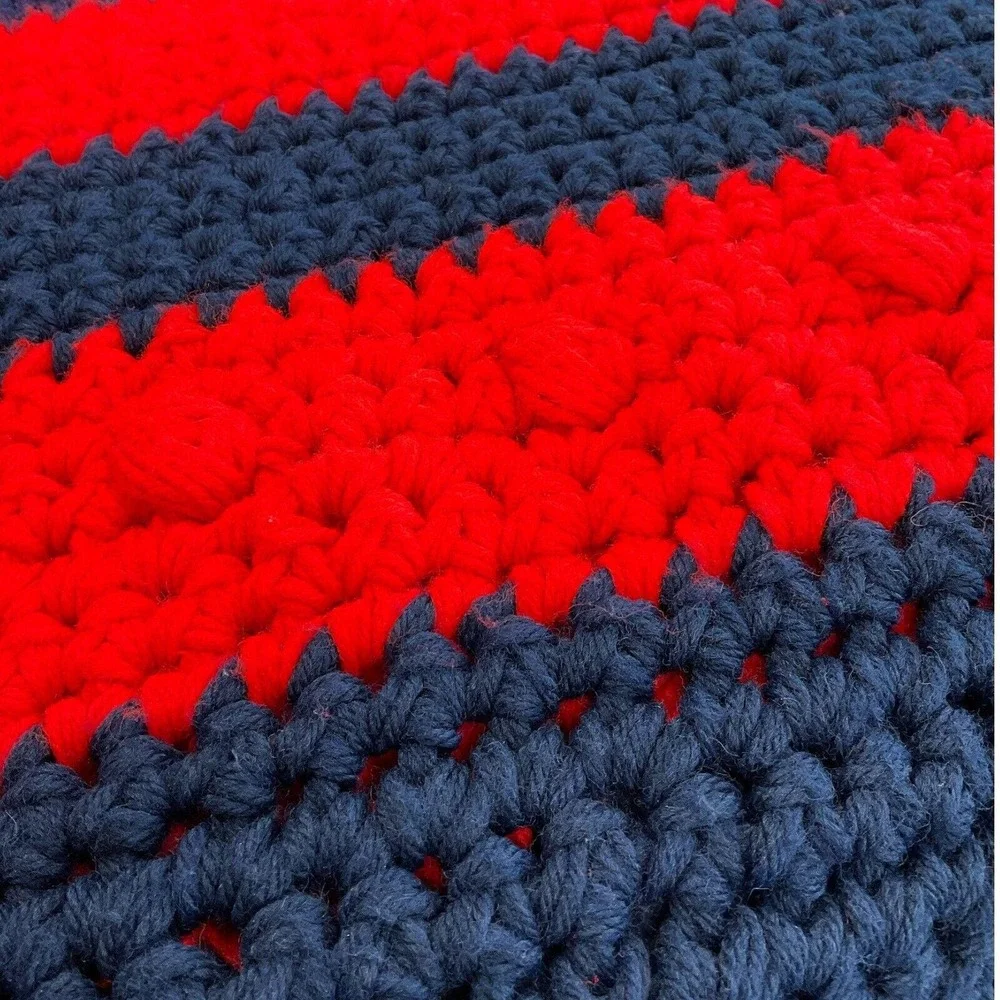 Handmade Crochet Afghan Patriotic Heavyweight Yarn Striped Blanket‎ Throw